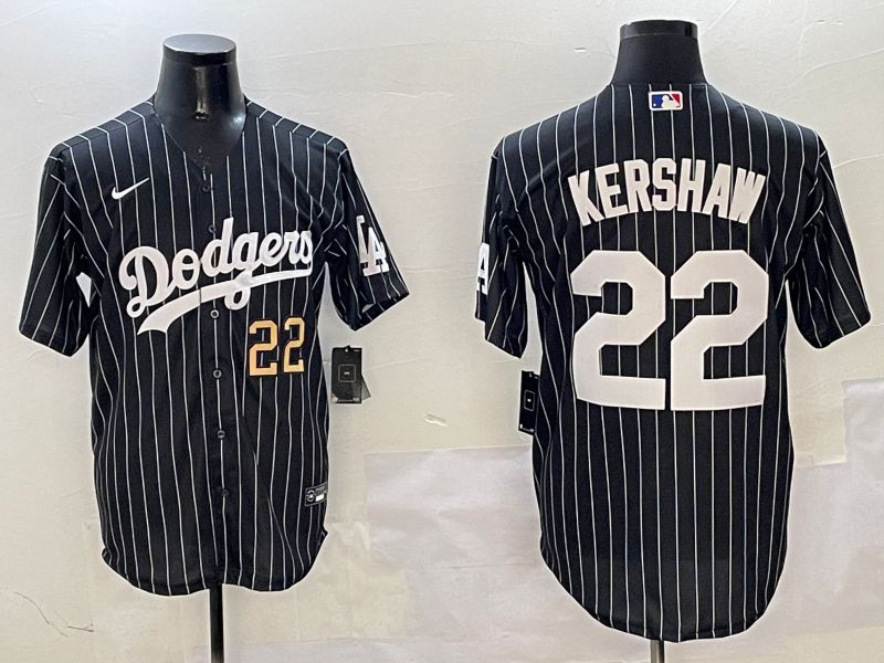 Men Los Angeles Dodgers #22 Kershaw Black Stripe Jointly Name 2025 Nike MLB Jersey style 11